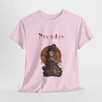 Light pink t-shirt with a graphic of a warrior featuring a lady samurai
