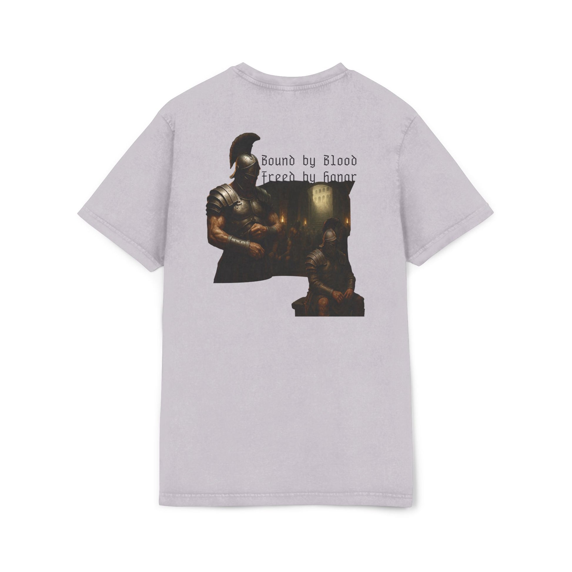 Light purple t-shirt with graphic design of gladiator brothers waiting for battle.