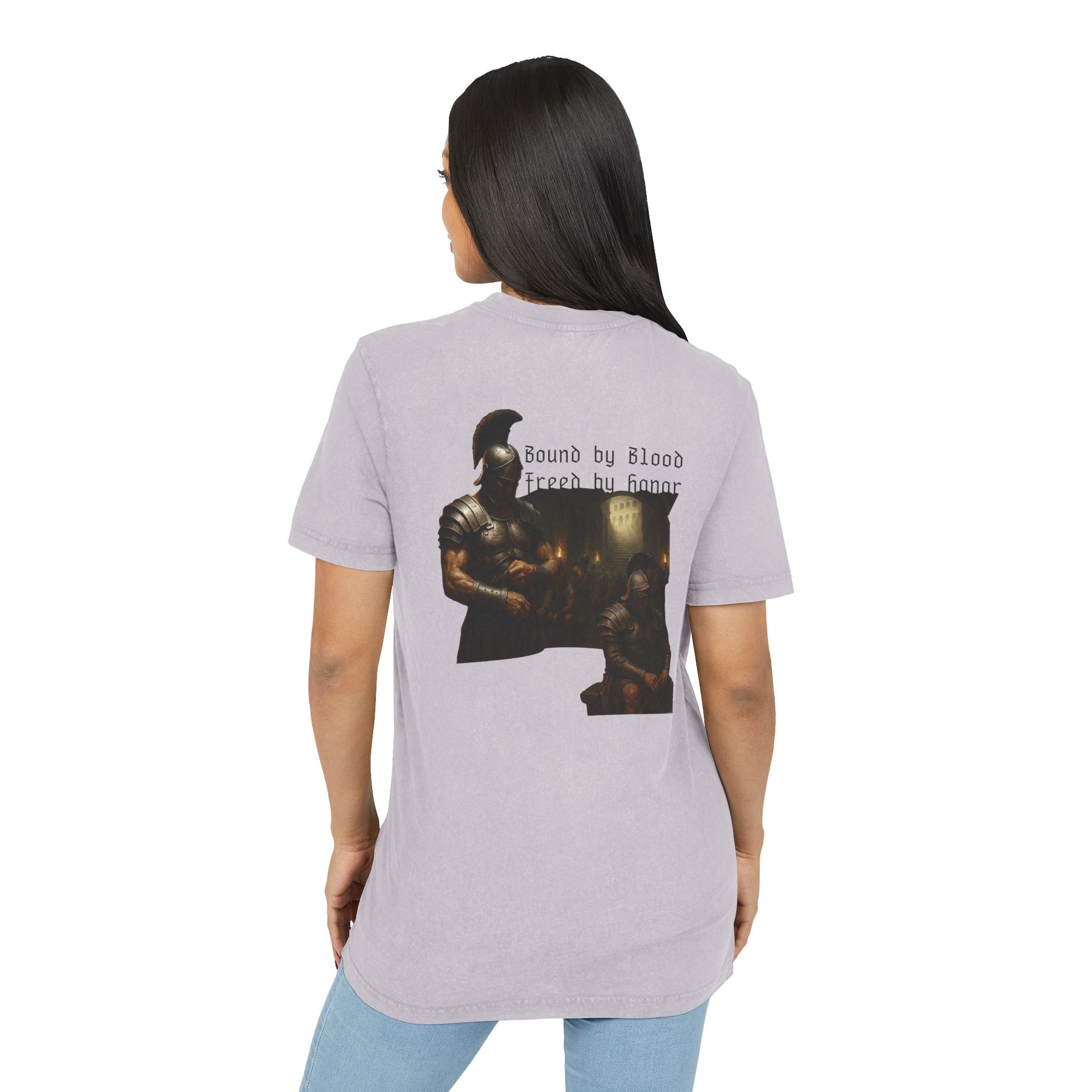 Light purple t-shirt with graphic design of gladiator brothers waiting for battle on female model.