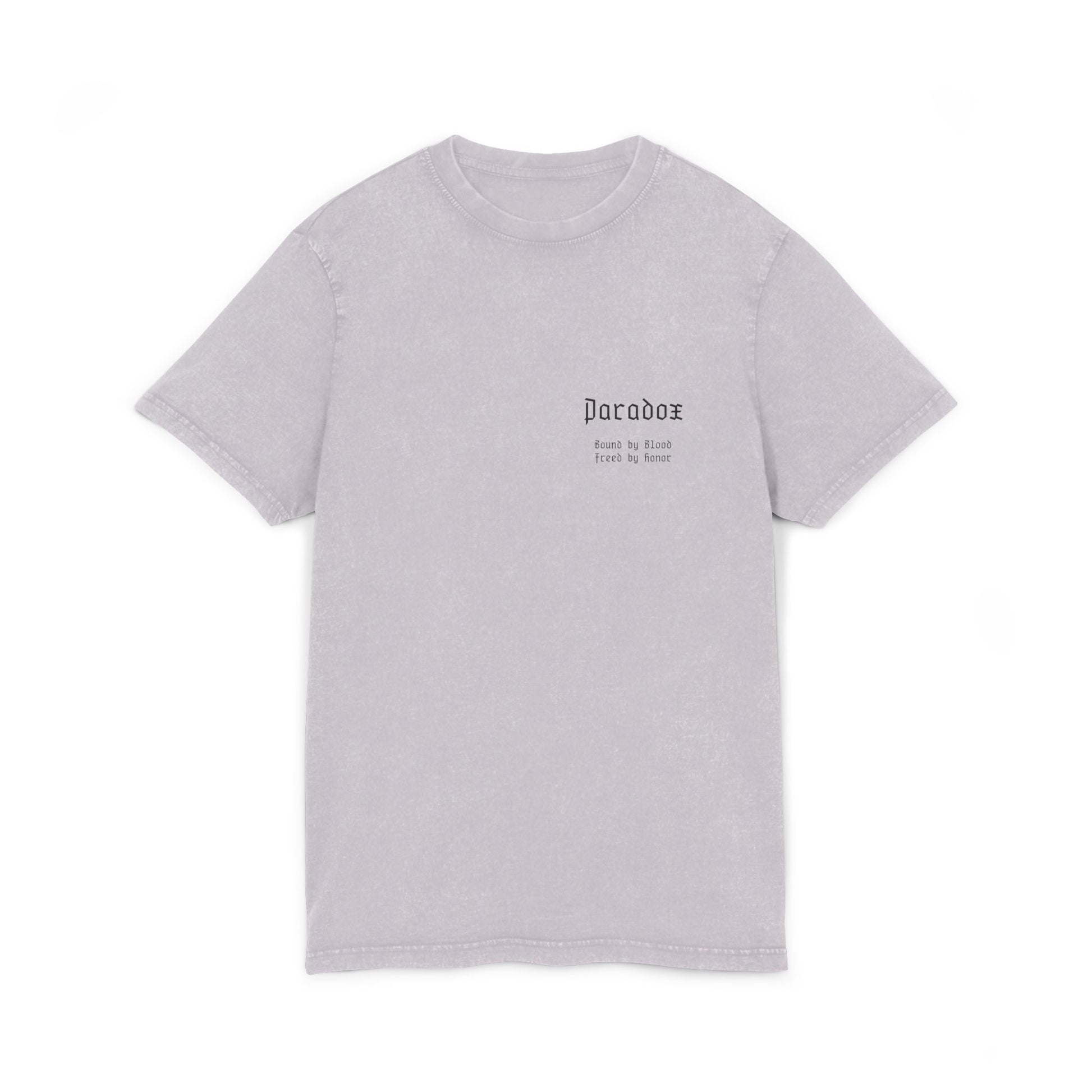 Light purple t-shirt with graphic design of gladiator brothers waiting for battle.