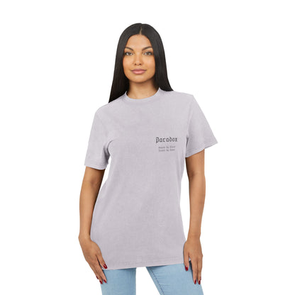 Light purple t-shirt with graphic design of gladiator brothers waiting for battle on female model.