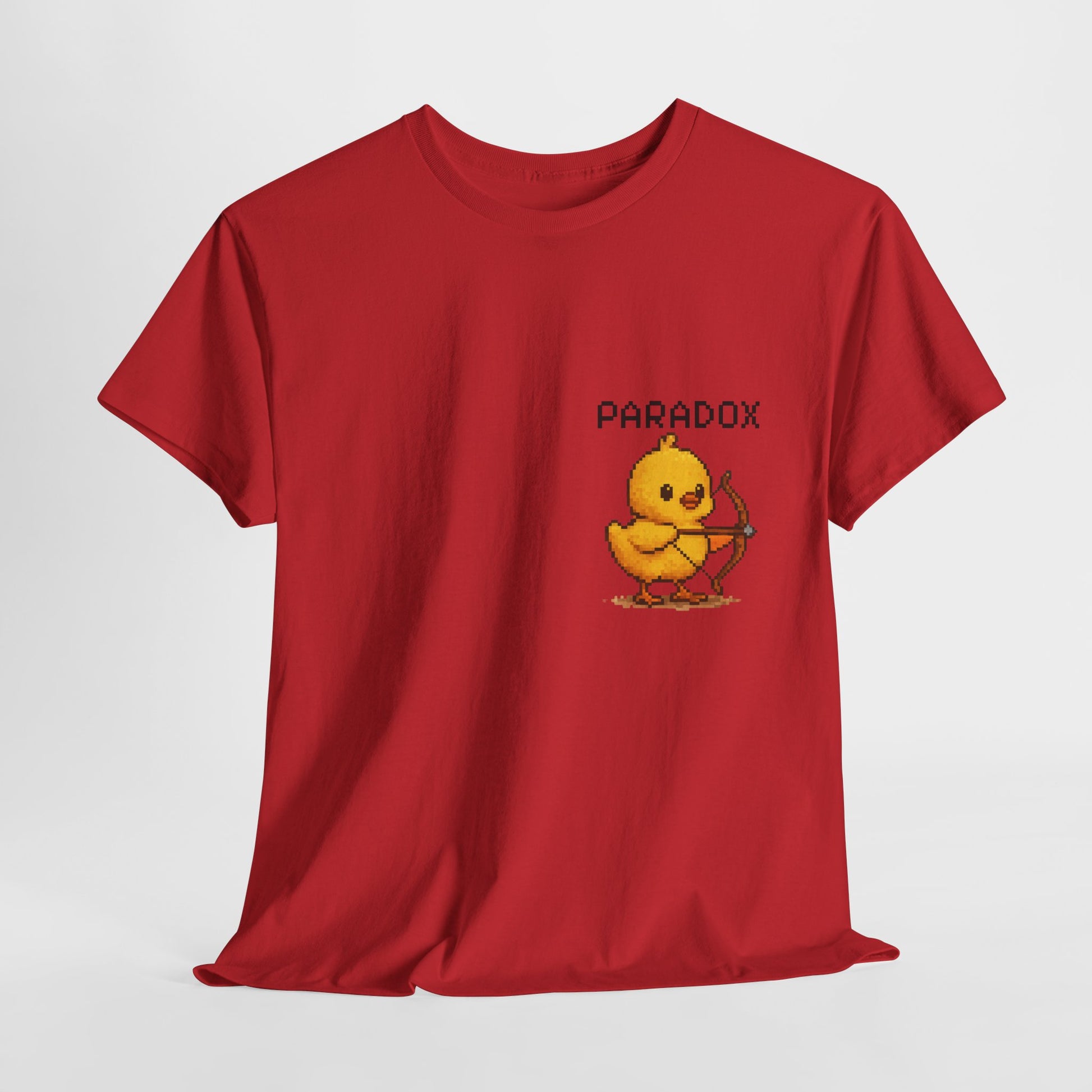 Light red t-shirt with a graphic pixel art of a baby chick with a bow and arrow