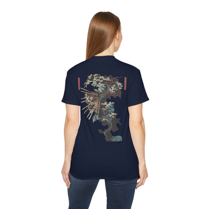 A navy blue t-shirt with a graphic print of a dragon and Samurai design elements based on real art female model.