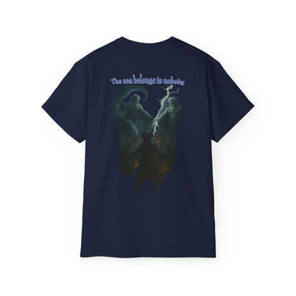 Navy blue graphic tshirt with text The sea belongs to nobody back
