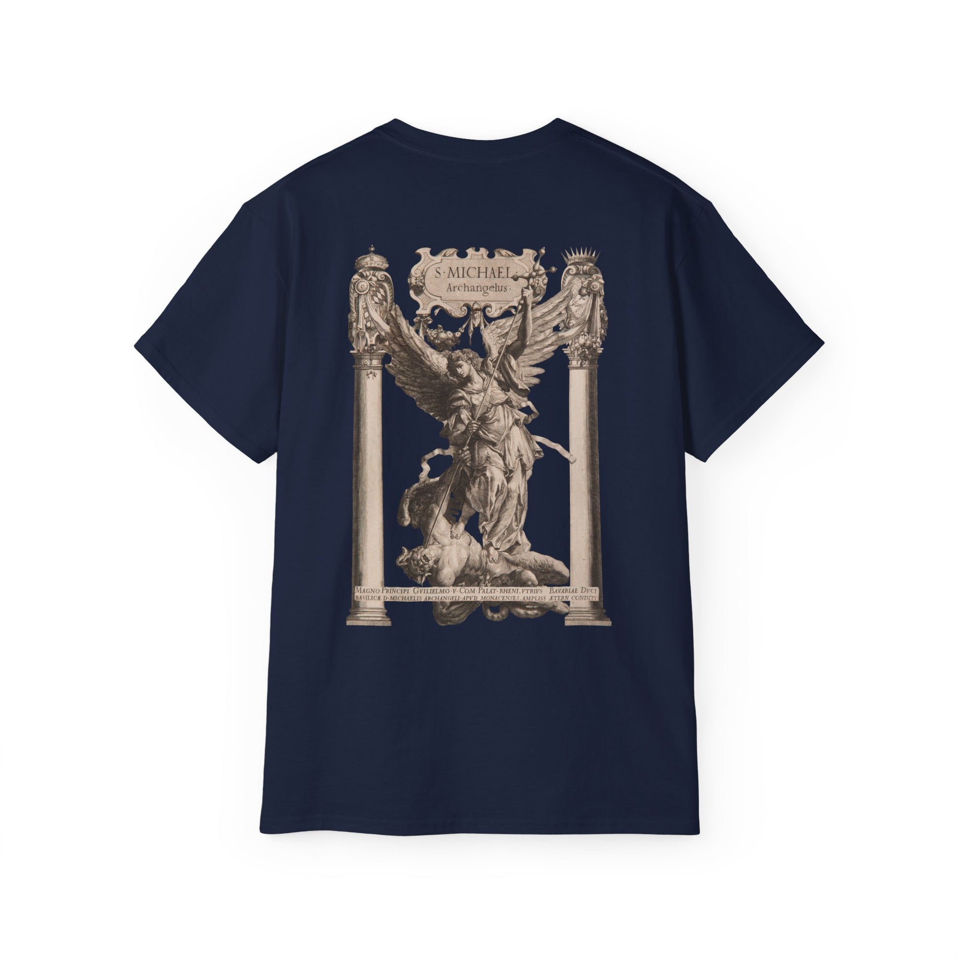 A navy blue t-shirt featuring a graphic print of Saint Michael in in sculpture form in victory.