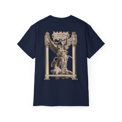 A navy blue t-shirt featuring a graphic print of Saint Michael in in sculpture form in victory.