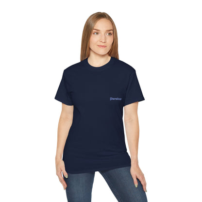 Navy blue graphic tshirt with text The sea belongs to nobody female model front