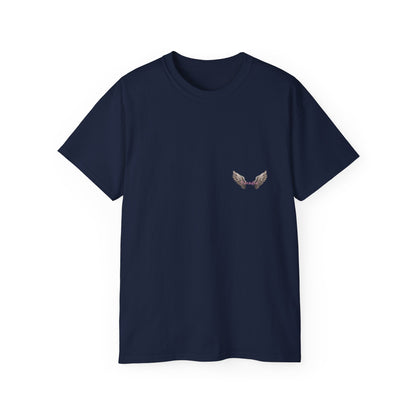 A navy blue t-shirt featuring a graphic print of a bad angel with wings, resembling a mugshot.