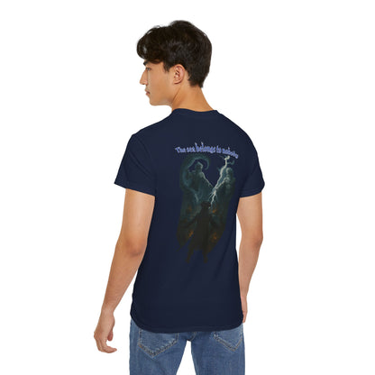Navy blue graphic tshirt with text The sea belongs to nobody male model back