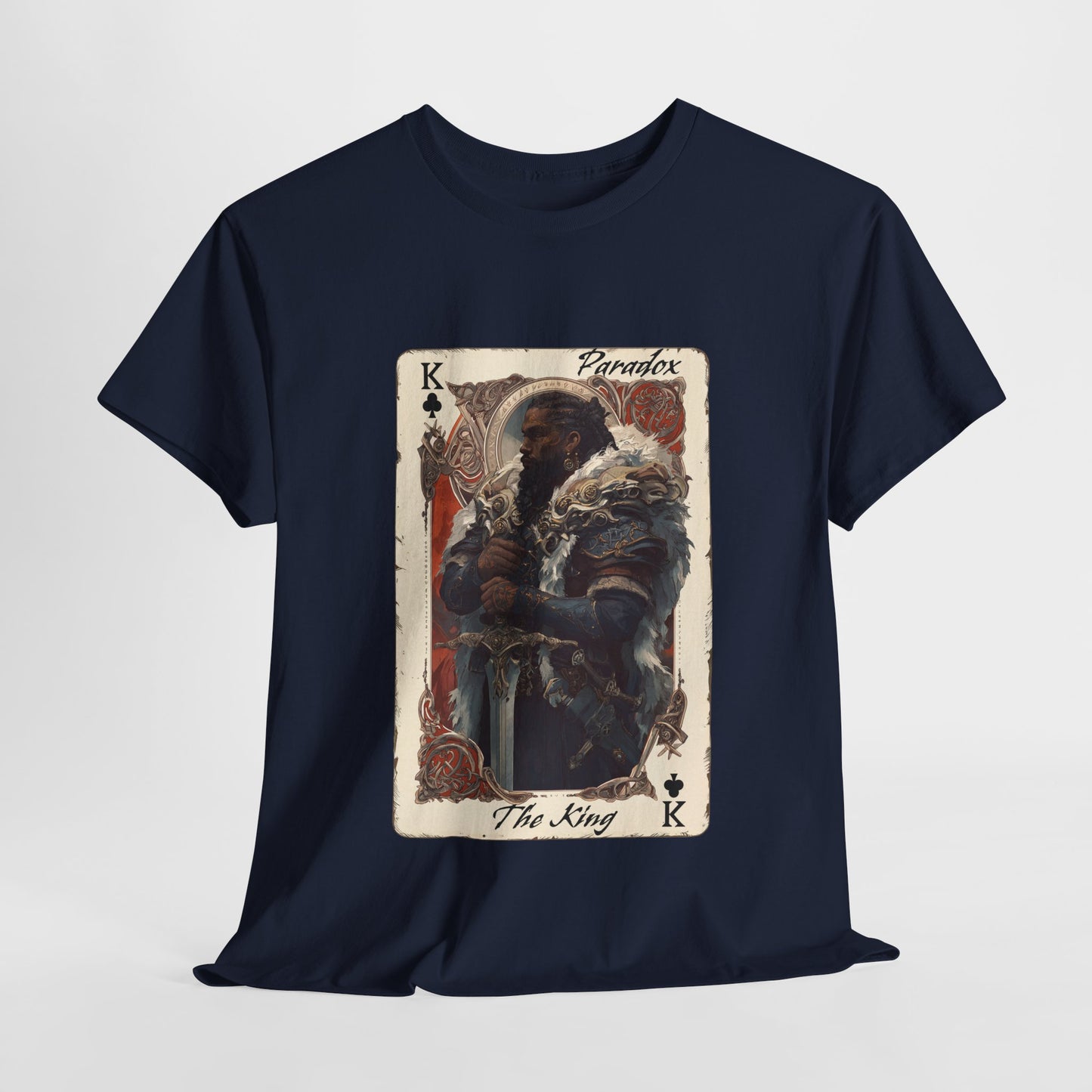 Navy blue t-shirt with a graphic of a card featuring a character and the word 'Paradox' on a white background.
