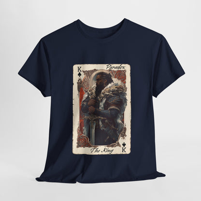 Navy blue t-shirt with a graphic of a card featuring a character and the word 'Paradox' on a white background.
