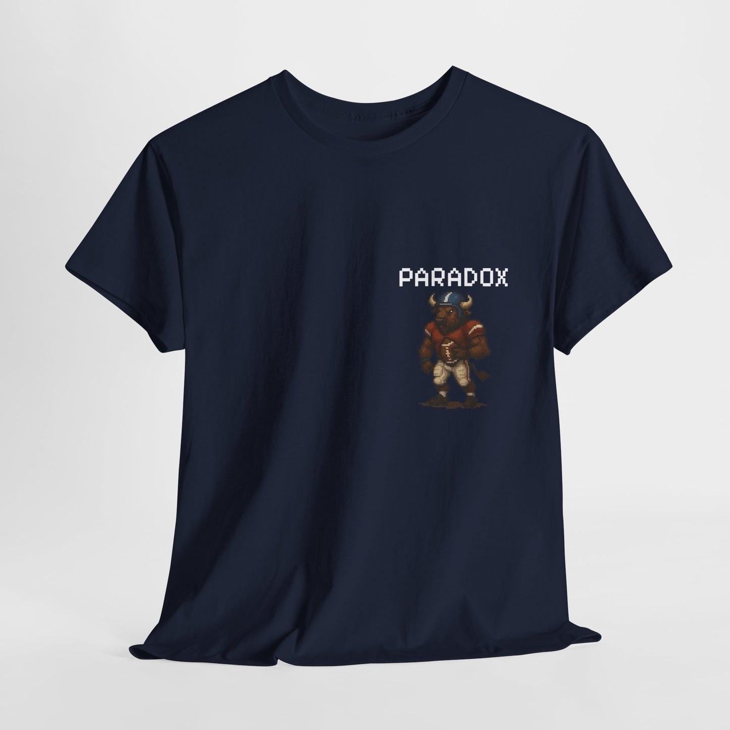 Navy blue t-shirt with a pixel graphic of a buffalo playing football NFL