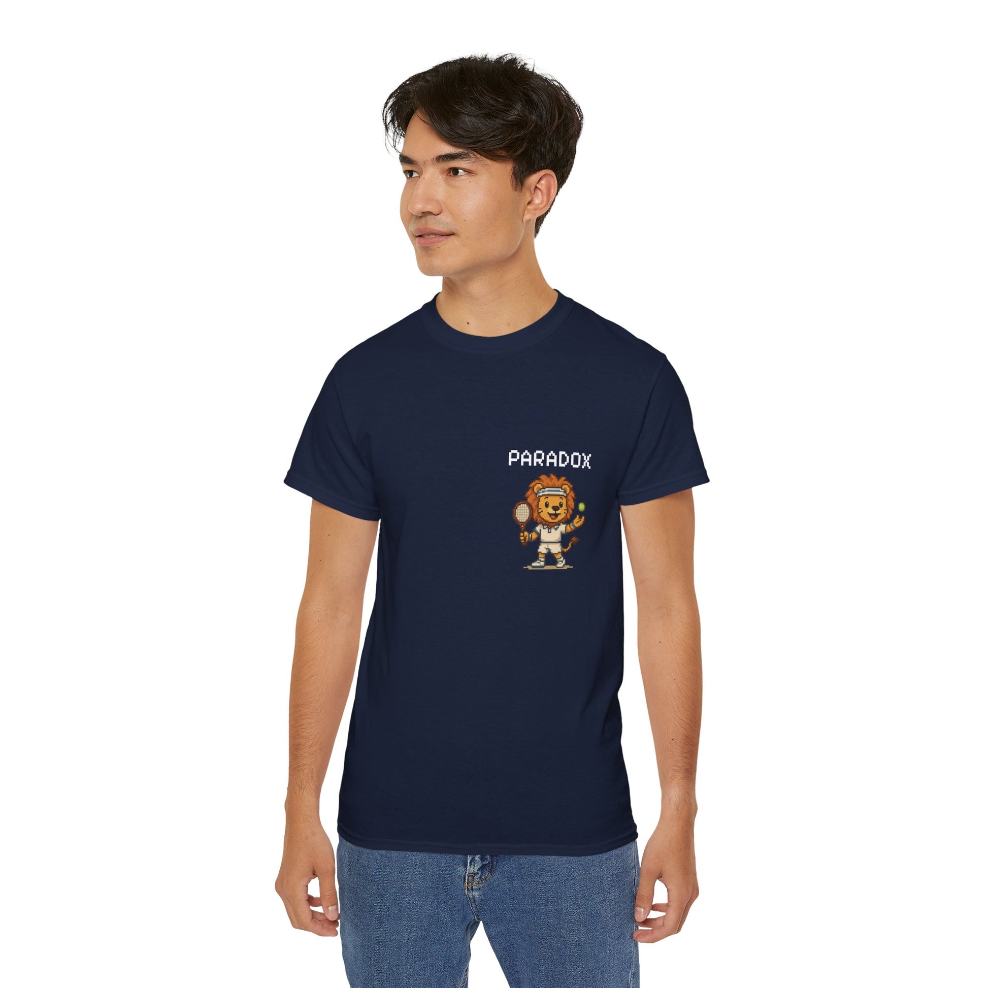 Blue t-shirt with a graphic pixel art of a lion playing tennis on a male model