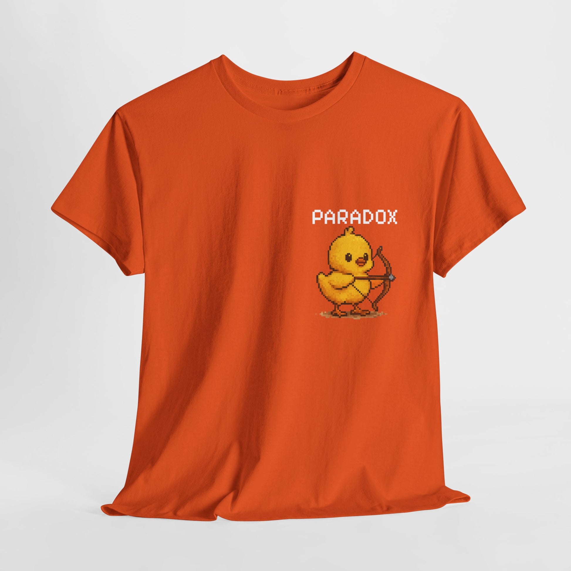 Orange t-shirt with a graphic pixel art of a baby chick with a bow and arrow