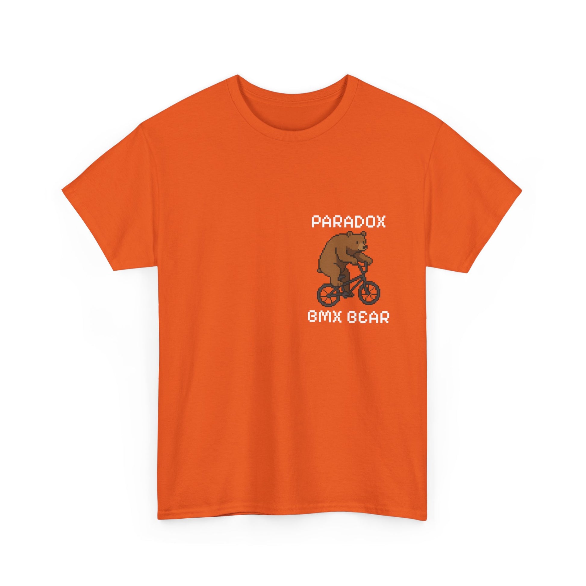 Orange t-shirt with a graphic pixel art of a bear on a bmx
