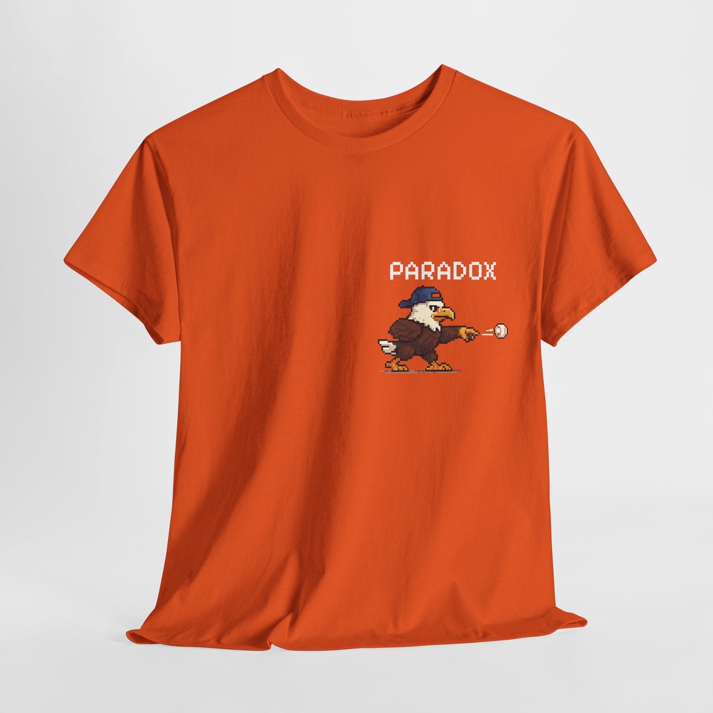 Orange t-shirt with a graphic pixel art of an eagle playing baseball