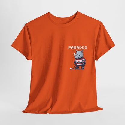 Orange t-shirt with a graphic pixel art of a rhino playing ice hockey