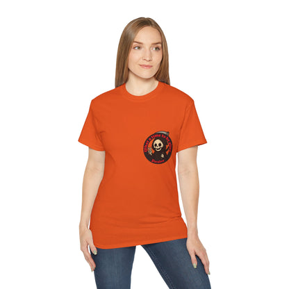 Orange t-shirt with a funny design of grim reaper and text What a time to be alive female model