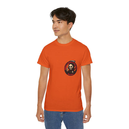 Orange t-shirt with a funny design of grim reaper and text What a time to be alive male model