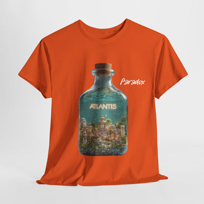Orange t-shirt with a graphic of the city Atlantis.