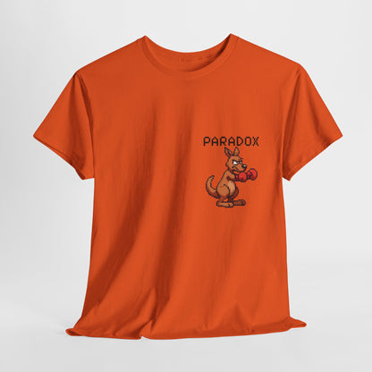 Orange t-shirt with a pixel graphic of a kangaroo boxing
