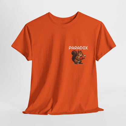Orange t-shirt with a pixel graphic of a squirrel playing ping pong