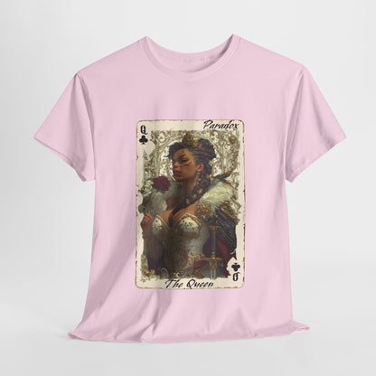 PInk  t-shirt with a graphic of the queen of clubs