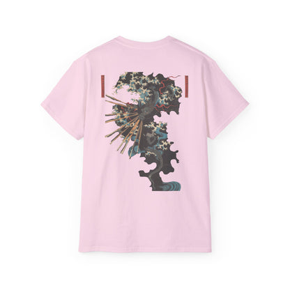A pink t-shirt with a graphic print of a dragon and Samurai design elements based on real art.