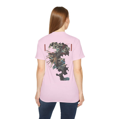 A pink t-shirt with a graphic print of a dragon and Samurai design elements based on real art female model