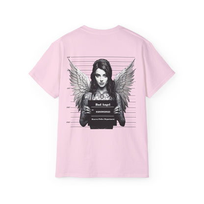 A pink t-shirt featuring a graphic print of a bad angel with wings, resembling a mugshot.