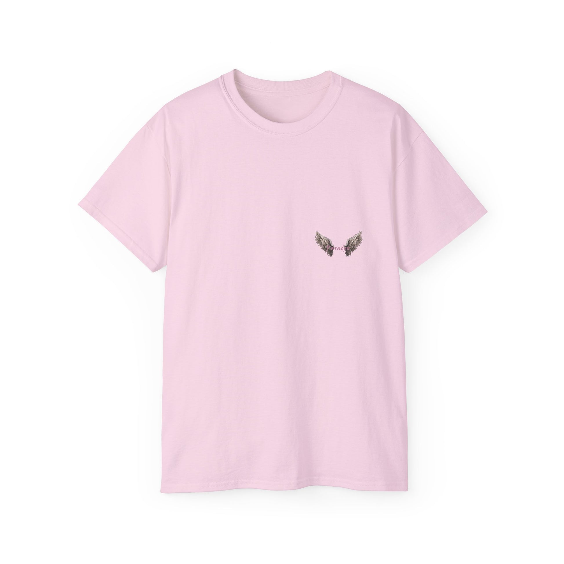 A pink t-shirt featuring a graphic print of a bad angel with wings, resembling a mugshot.