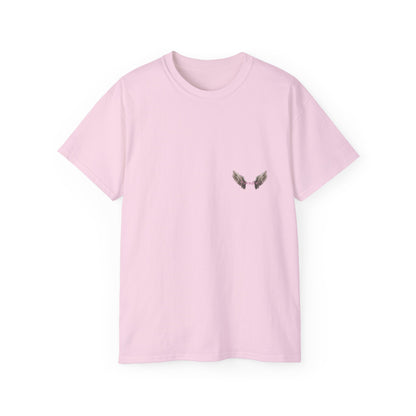 A pink t-shirt featuring a graphic print of a bad angel with wings, resembling a mugshot.