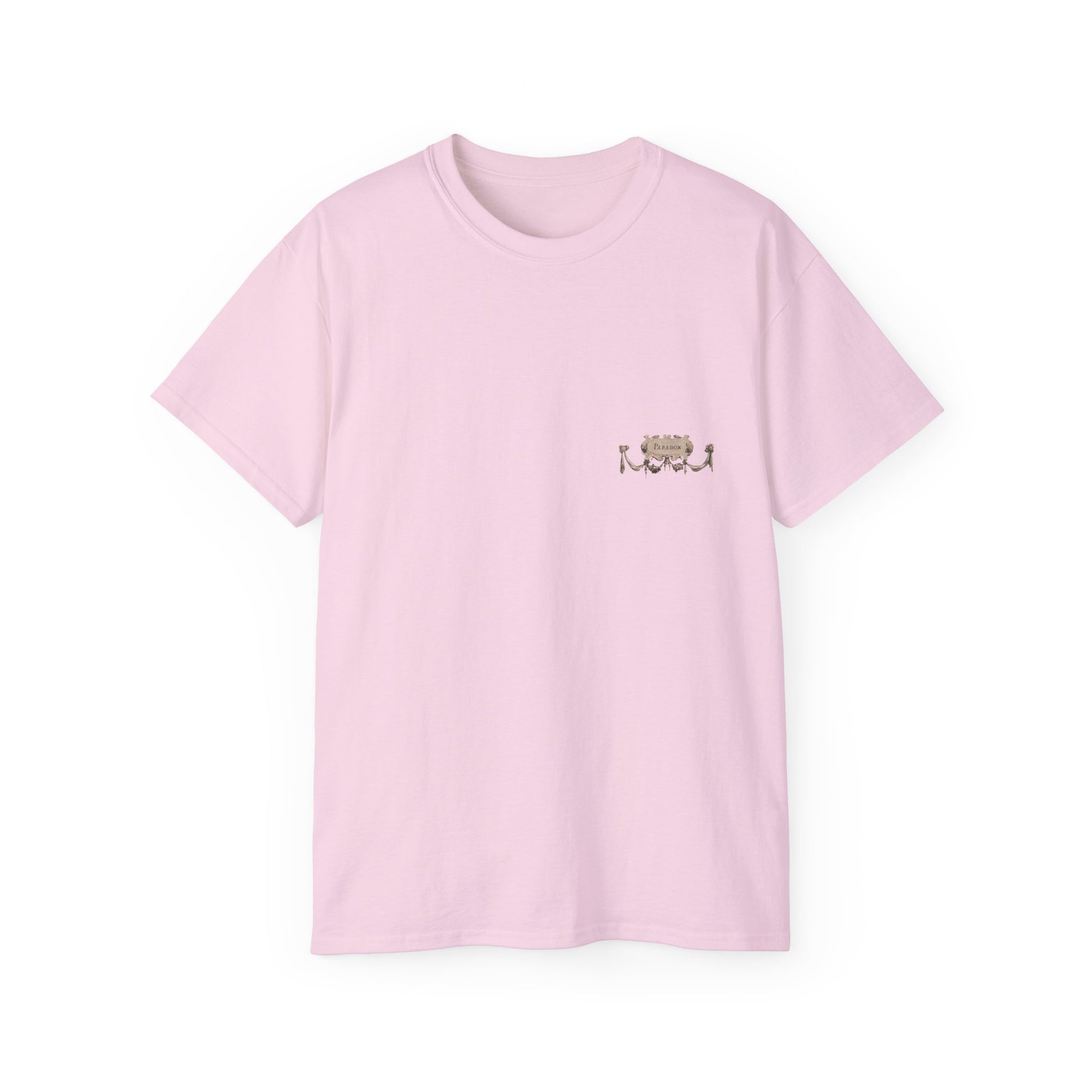 A pink t-shirt featuring a graphic print of Saint Michael in in sculpture form in victory.