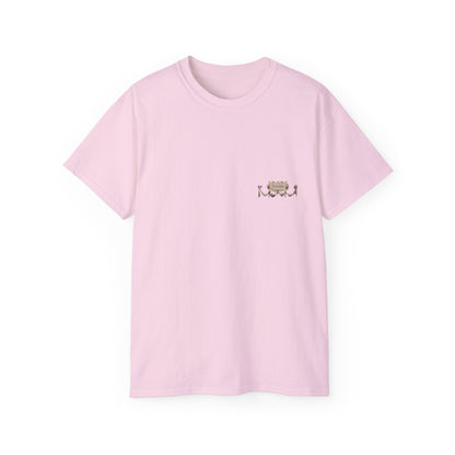 A pink t-shirt featuring a graphic print of Saint Michael in in sculpture form in victory.
