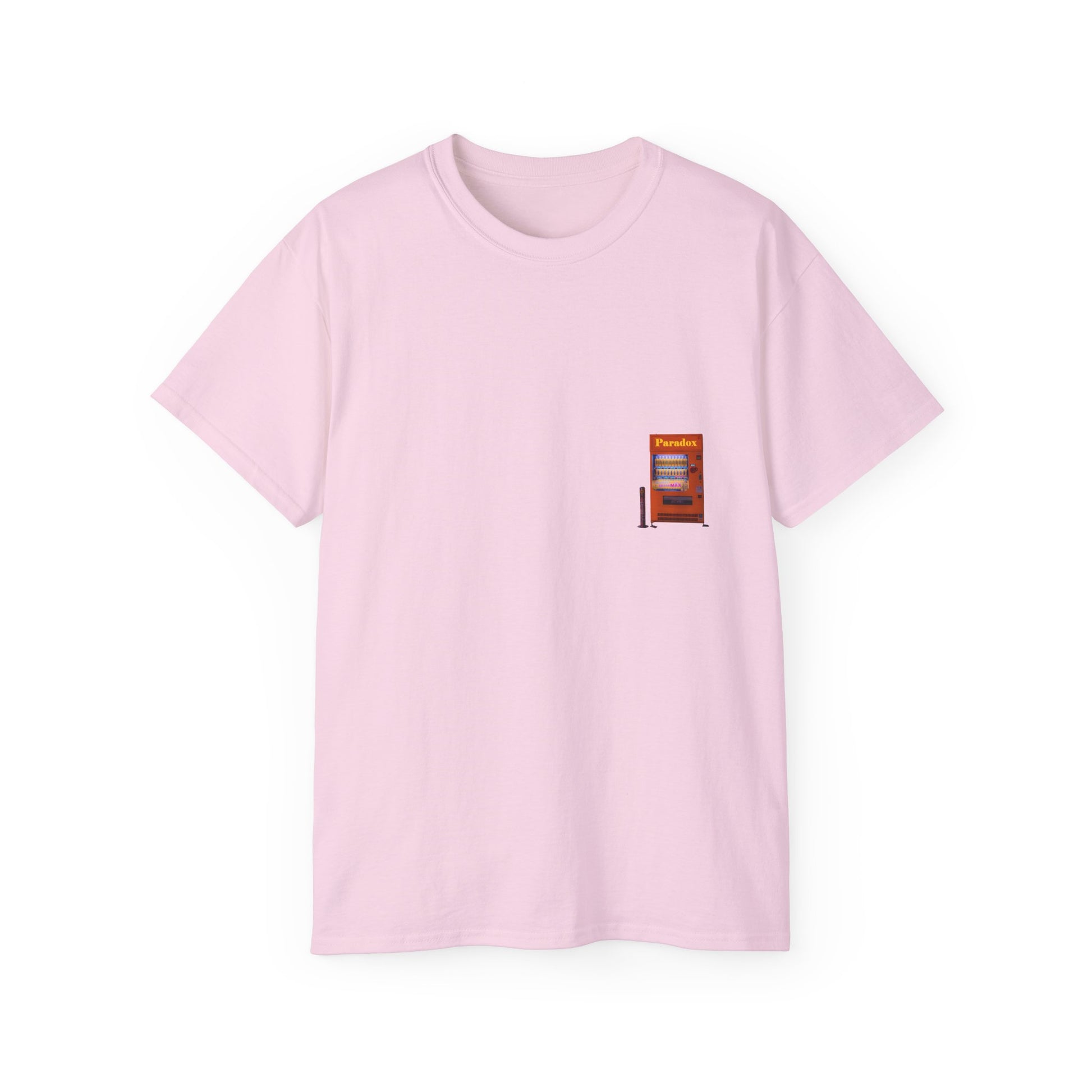 A pink t-shirt featuring a graphic print of a vintage coffe vending machine.