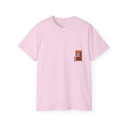 A pink t-shirt featuring a graphic print of a vintage coffe vending machine.