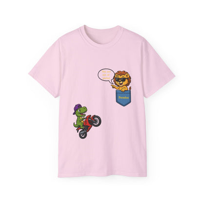 Pink t-shirt with a cartoon dinosaur on a motorcycle and a lion saying You are out of pocket.