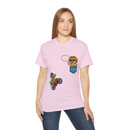 Pink t-shirt with a cartoon dinosaur on a motorcycle and a lion saying You are out of pocket on a female model