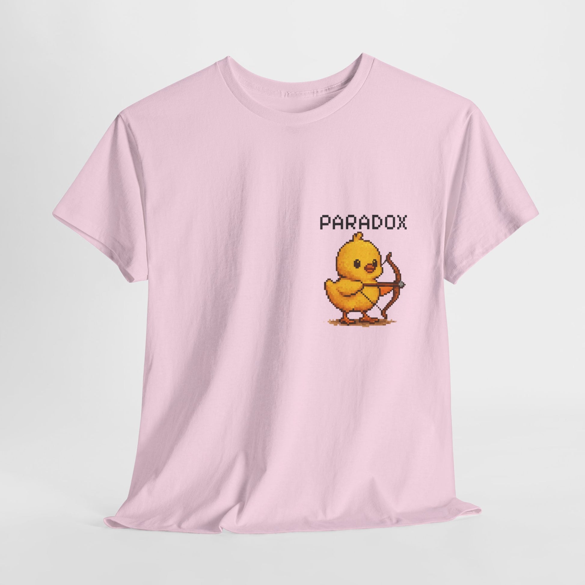 Pink t-shirt with a graphic pixel art of a baby chick with a bow and arrow