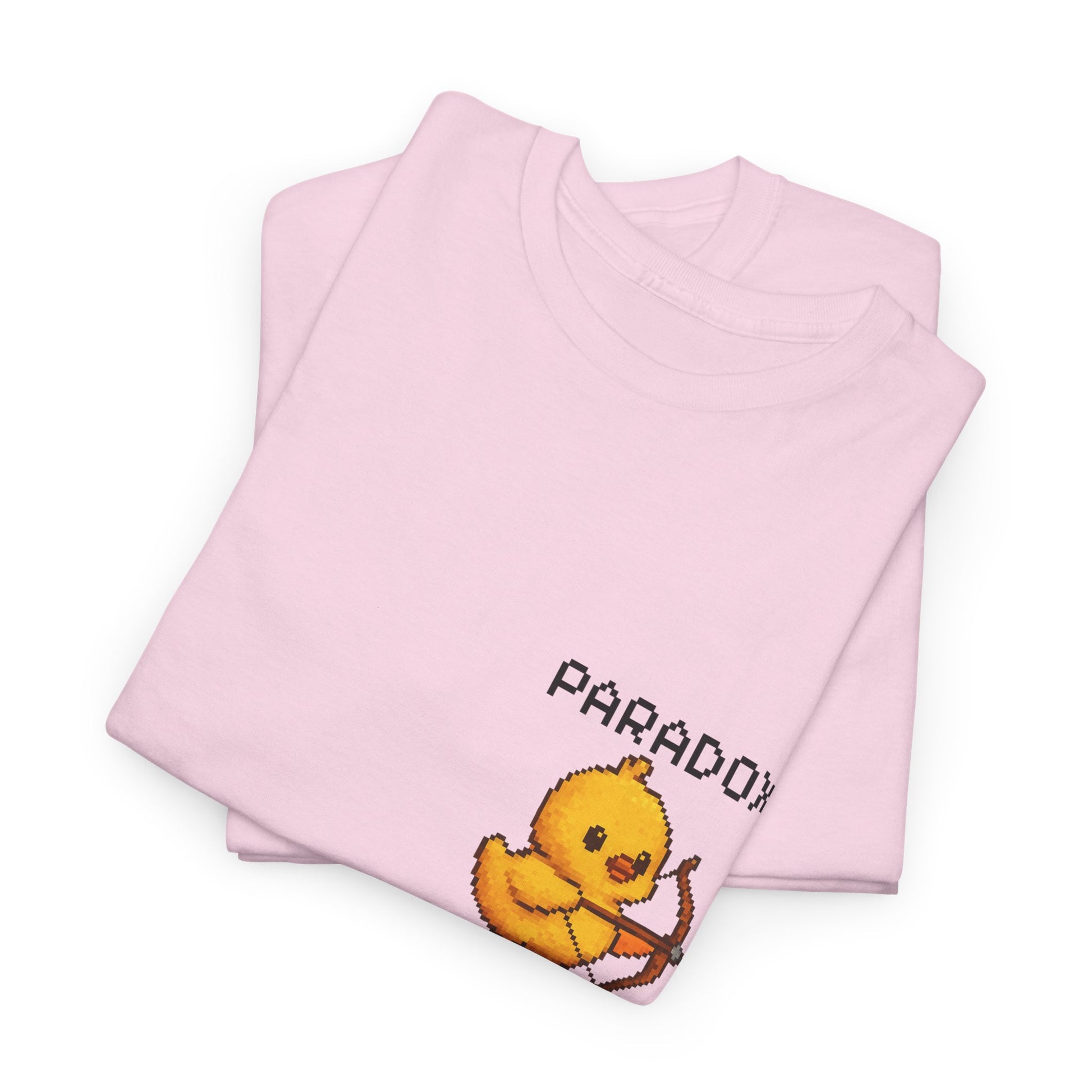 Pink t-shirt with a graphic pixel art of a baby chick with a bow and arrow close up