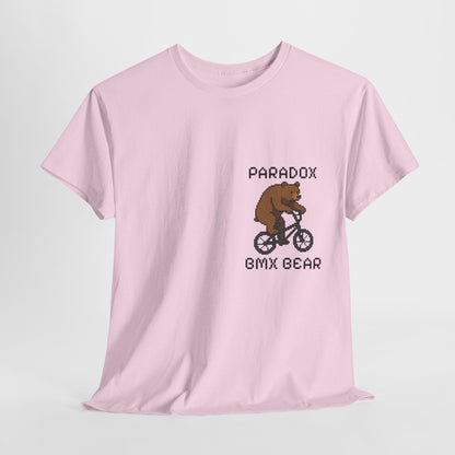 Pink t-shirt with a graphic pixel art of a bear on a bmx
