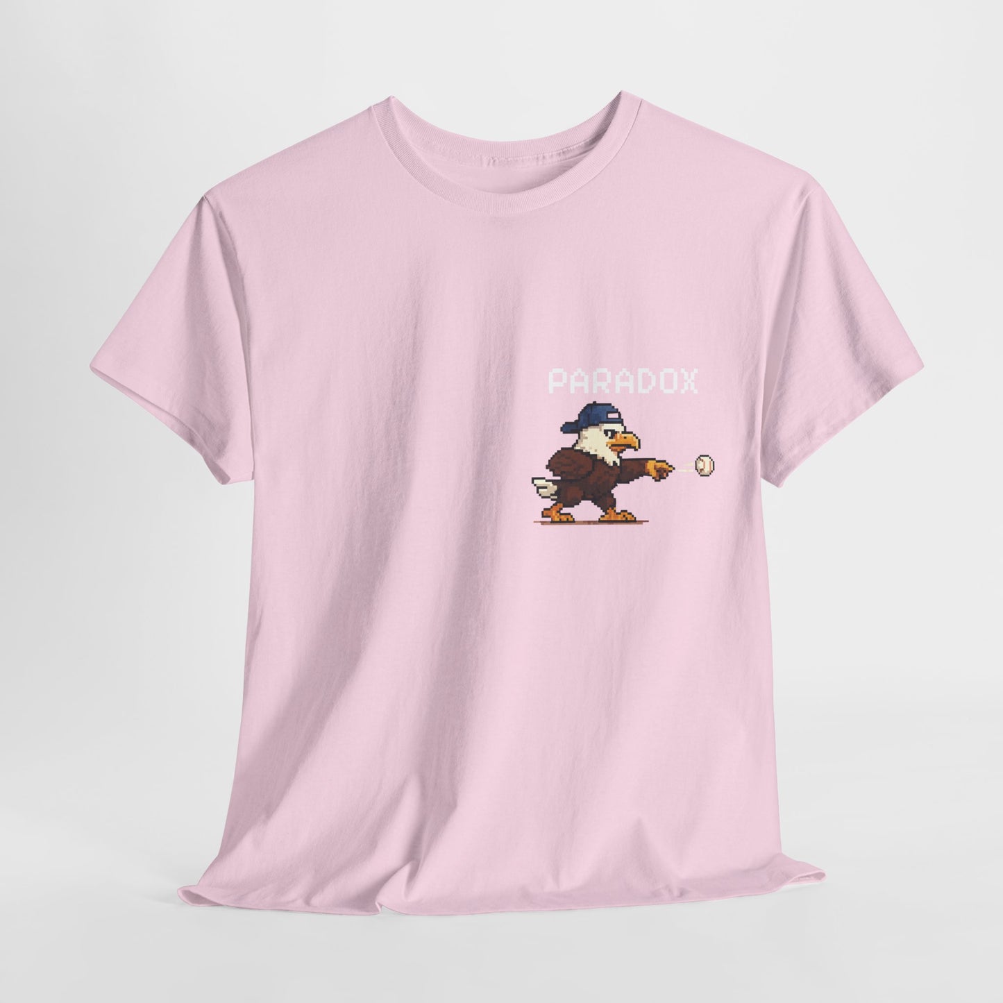 Pink t-shirt with a graphic pixel art of an eagle playing baseball
