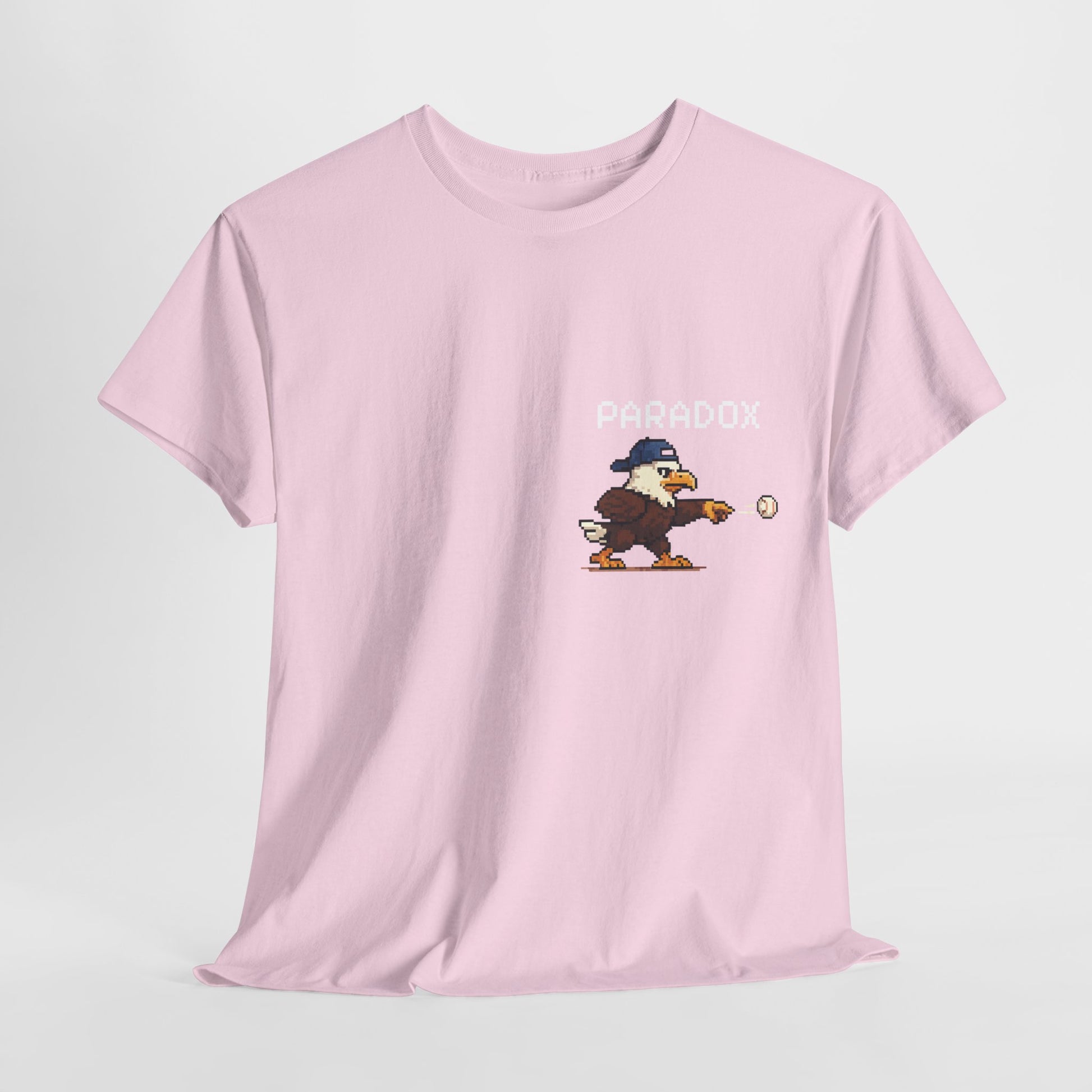 Pink t-shirt with a graphic pixel art of an eagle playing baseball