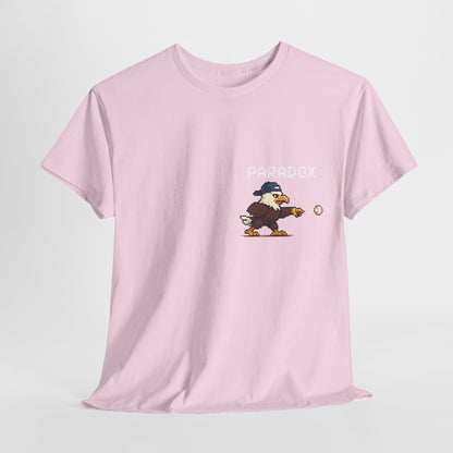 Pink t-shirt with a graphic pixel art of an eagle playing baseball