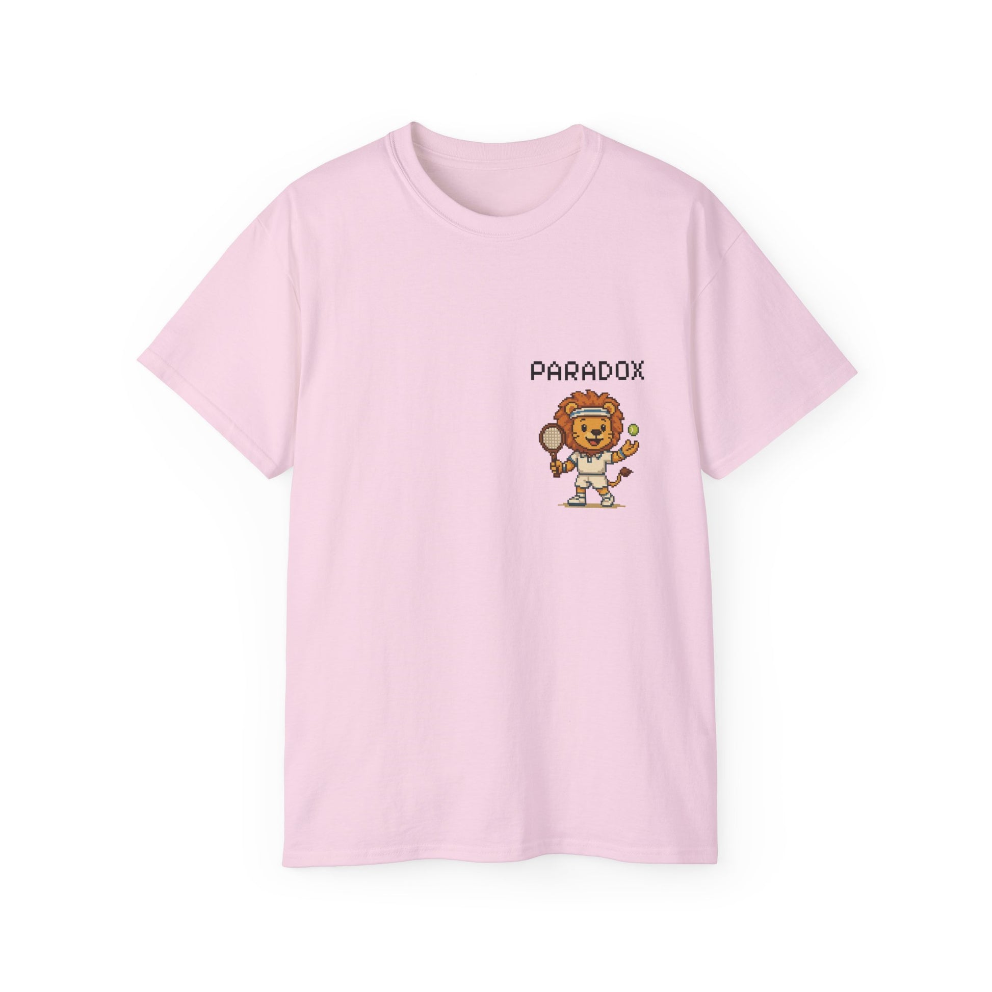Pink t-shirt with a graphic pixel art of a lion playing tennis