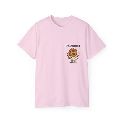 Pink t-shirt with a graphic pixel art of a lion playing tennis
