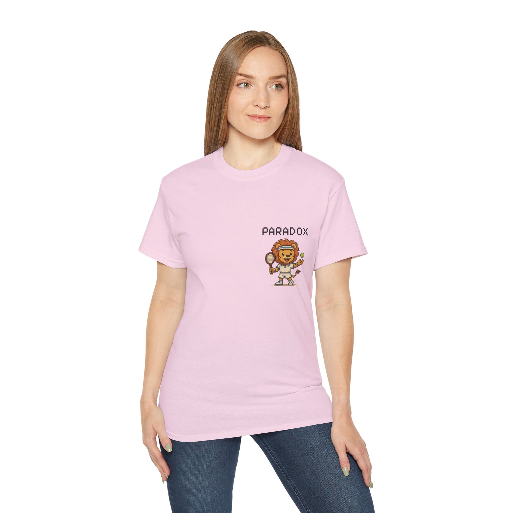Pink t-shirt with a graphic pixel art of a lion playing tennis on a female model