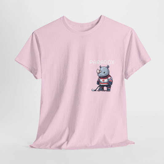 Pink t-shirt with a graphic pixel art of a rhino playing ice hockey