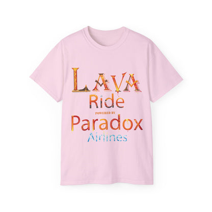 A pink graphic t-shirt with the text Lava Ride and Paradox Airlines in stylized font, featuring a cosmic design.