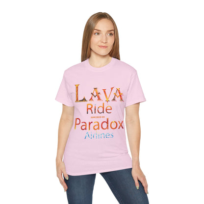 A pink graphic t-shirt with the text Lava Ride and Paradox Airlines in stylized font, featuring a cosmic design on a female model.